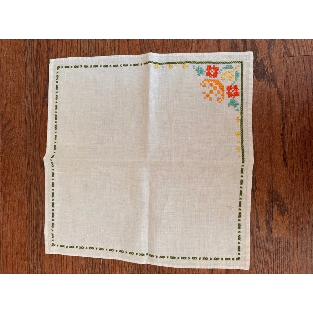 Vintage Hand Embroidered Tea Cloth Cross Stitch Floral Border Off White Square